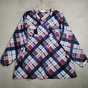 Two by Vince Camuto Tunic Top Womens Plus 1X Blue Pink Plaid Long Sleeve Preppy‎